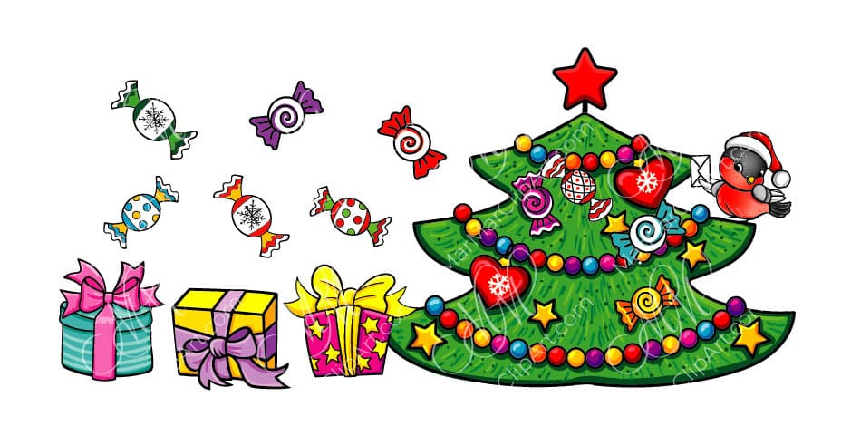 Christmas vector clipart Tree, gifts, candy