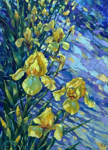 Yellow irises. Oil painting on canvas