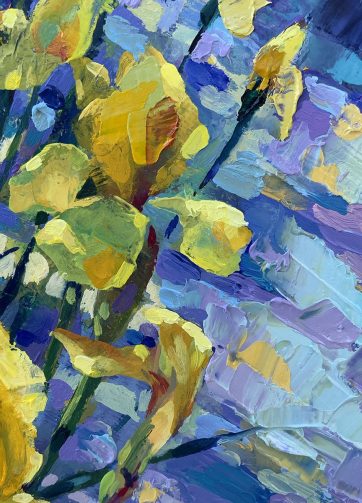 Yellow irises. Oil painting on canvas. Fragment