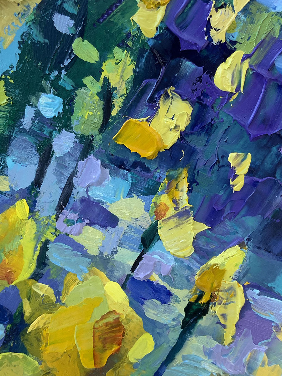 Yellow irises. Oil painting on canvas. Fragment