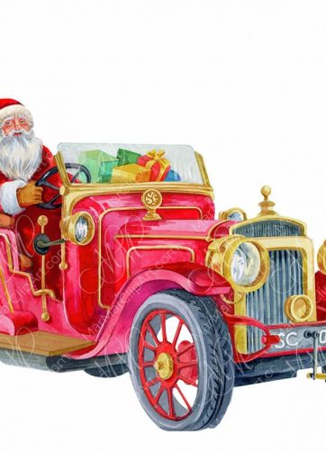 Watercolor illustration Santa Claus by red car