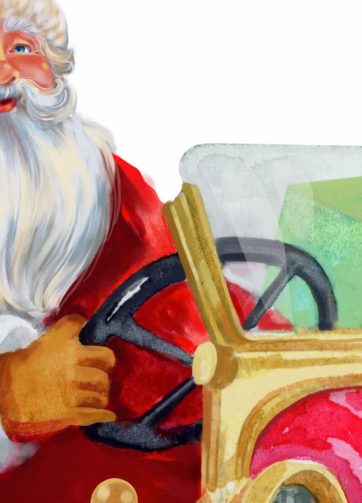 Santa Claus by a red car, fragment of watercolor illustration