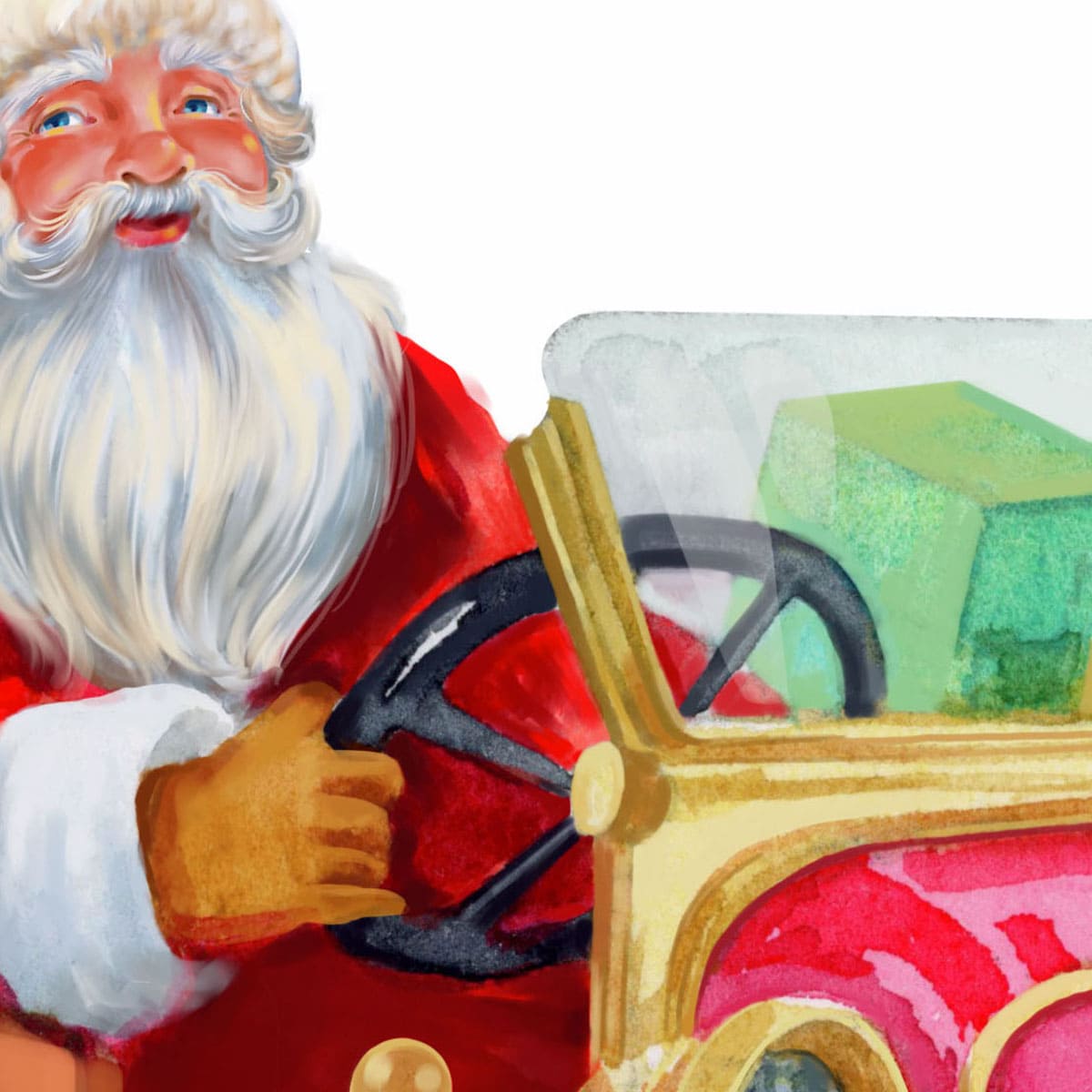 Santa Claus by a red car, fragment of watercolor illustration