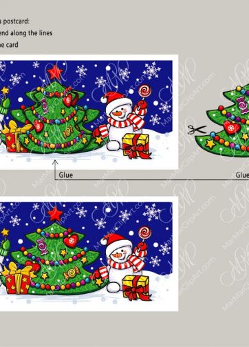 Set of New Year card with glued christmas tree and snowmen