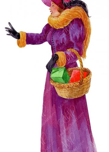 Watercolor illustration: Lady with a basket of gifts