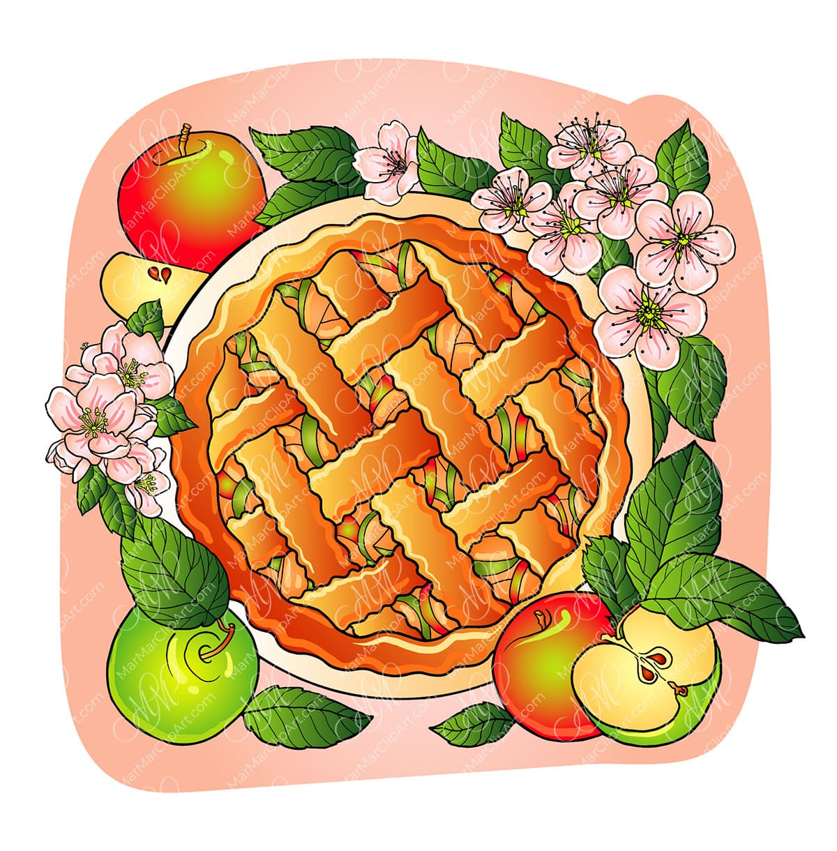 Vector illustration warm Apple pie and fresh apples