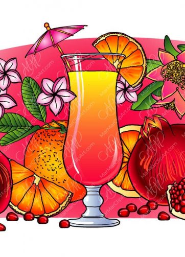 Pomegranate-orange cocktail and tropical flowers. Vector illustration