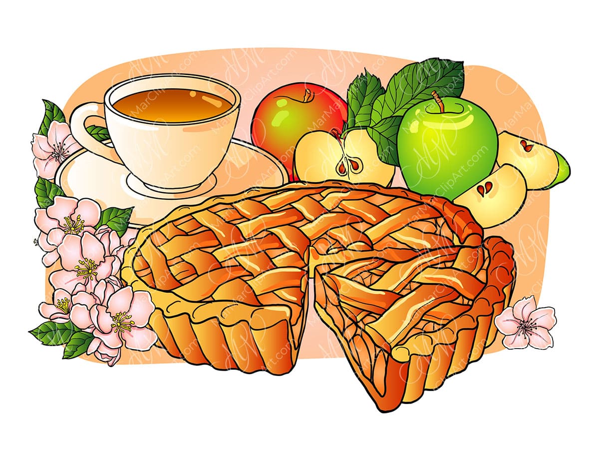 Vector illustration Warm Apple pie with cup of tea