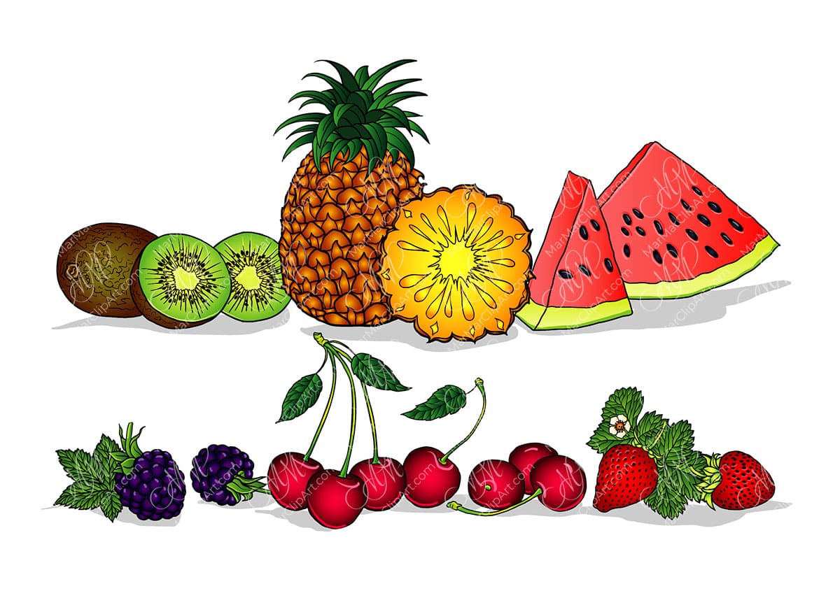 Fruit vector clipart set: pineapple, cherries, watermelon, strawberry, kiwi, blackberry