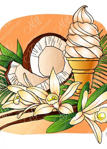 Coconut, vanilla ice cream and vanilla flowers vector illustration