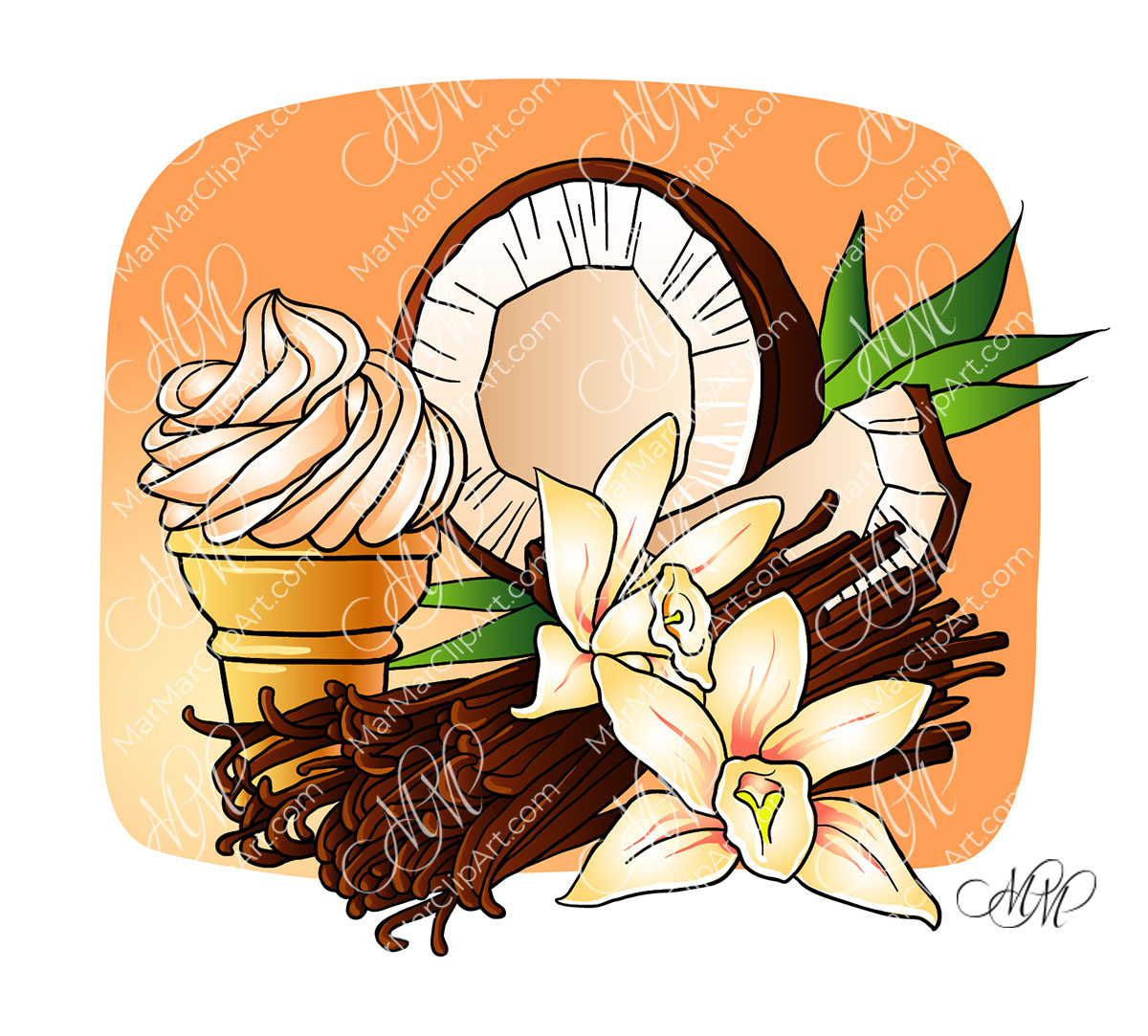 Coconut, ice cream and vanilla vector illustration