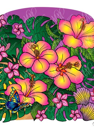 Hibiscus, tropical flowers and butterfly vector illustration