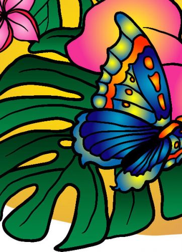 Hibiscus, tropical flowers and butterfly vector illustration fragment
