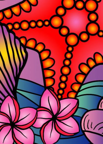 Starfish, shells and tropical flowers fragment of vector illustration