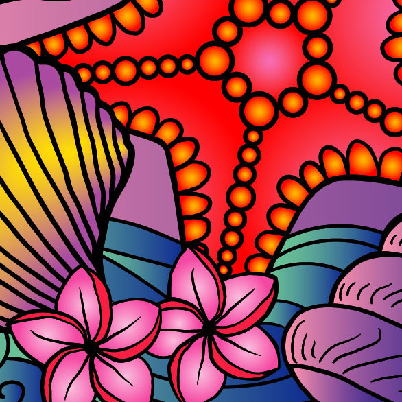 Starfish, shells and tropical flowers fragment of vector illustration