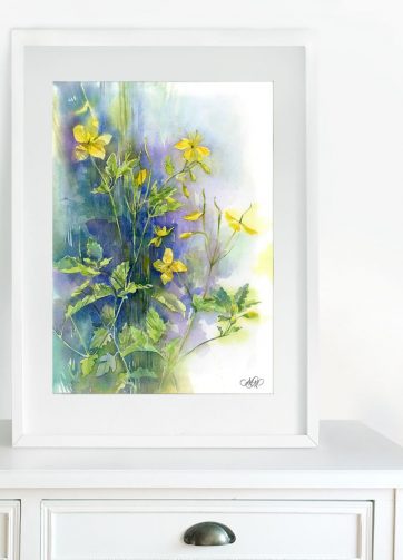 Celandine watercolor painting in the interior