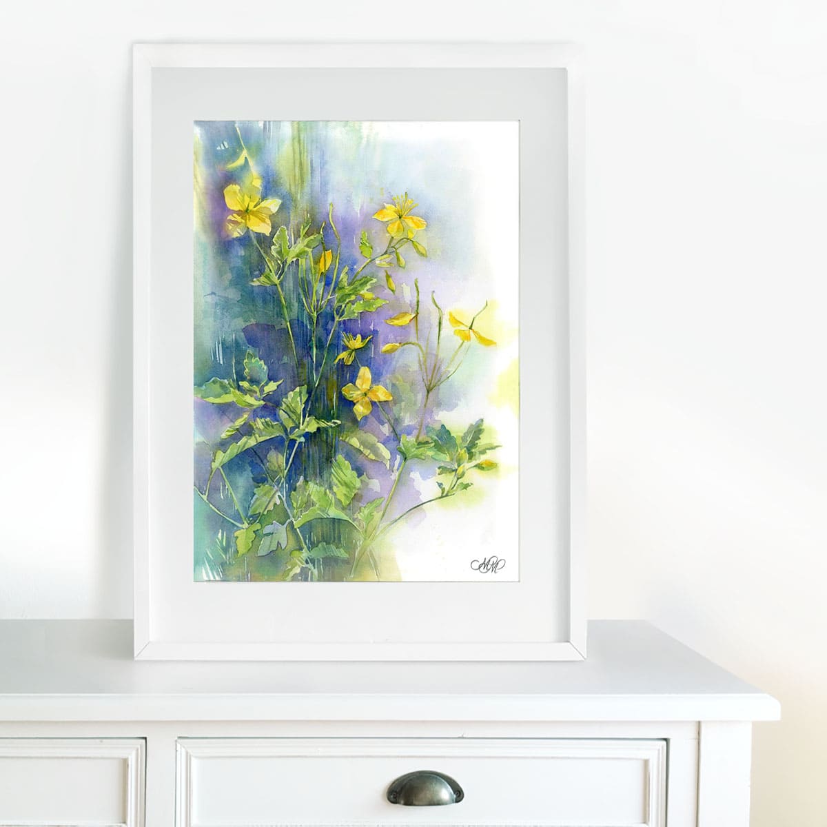 Celandine watercolor painting in the interior