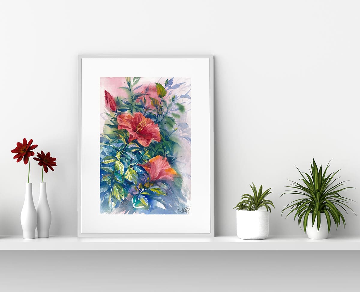 Print Hibiscus flowers watercolor in interior
