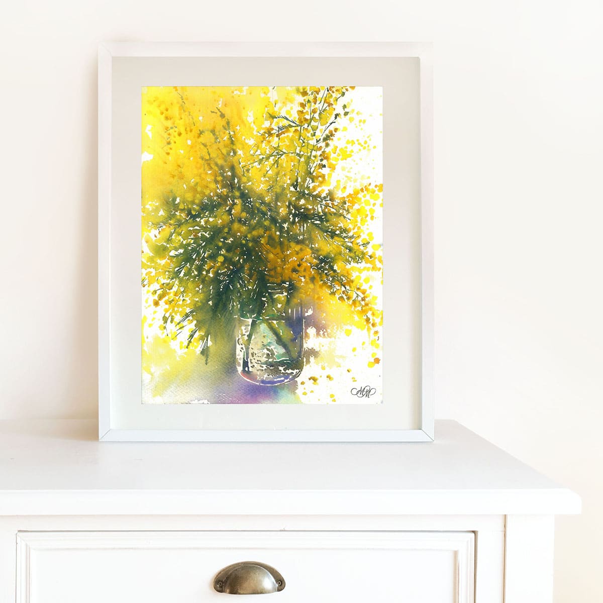 Mimosa floral watercolor painting in the interior