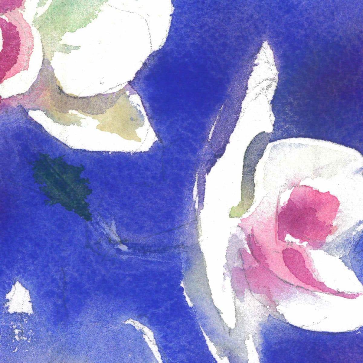 Orchids on a blue Floral watercolor painting fragment