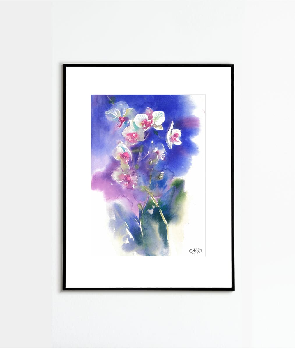 Orchids on a blue Floral watercolor painting in the interior