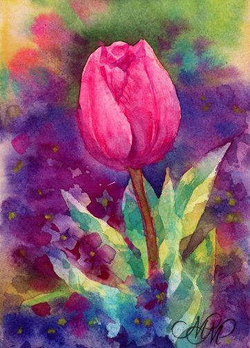 Pink tulip and violets watercolor sketch