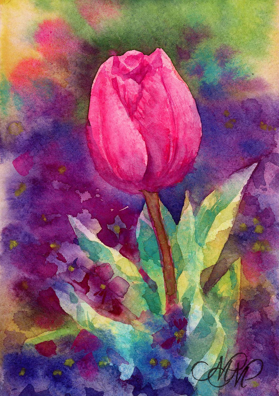 Pink tulip and violets watercolor sketch