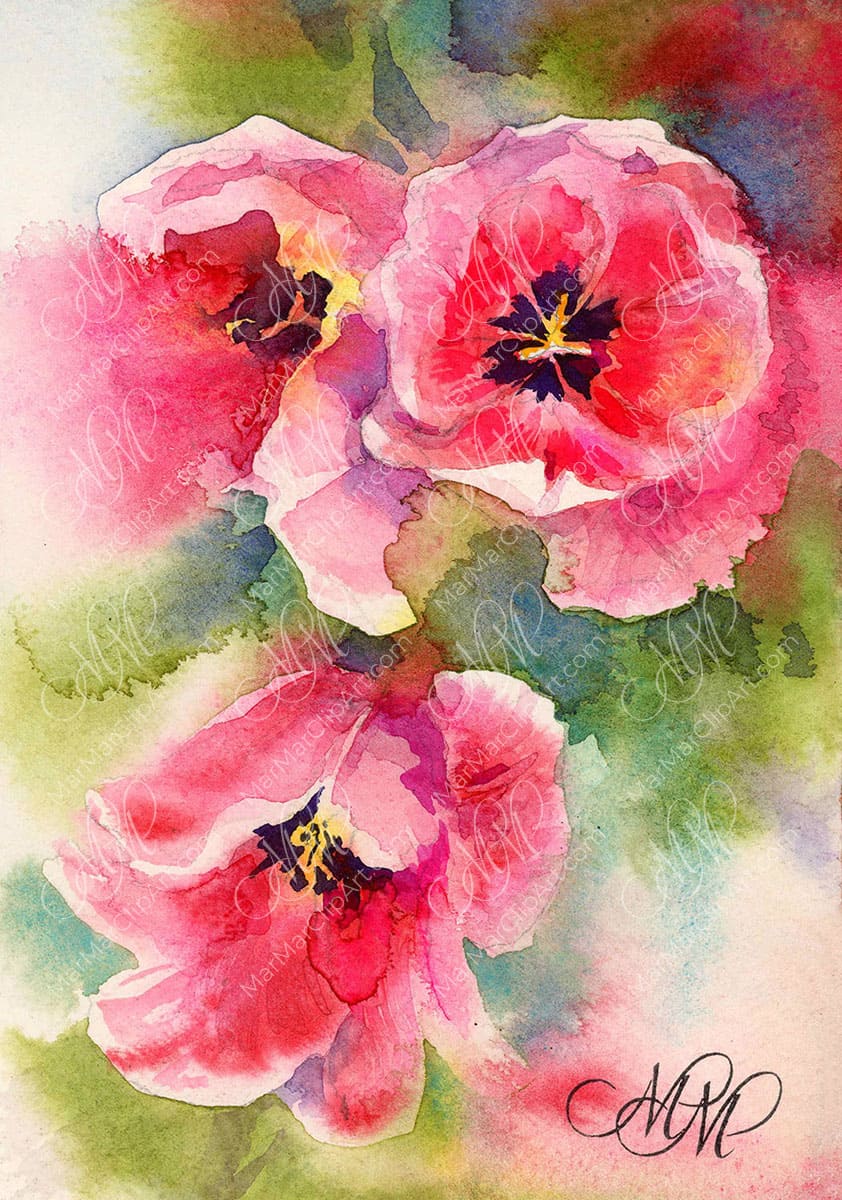 Print "Pink tulips". Watercolor sketch of beautiful pink tulips