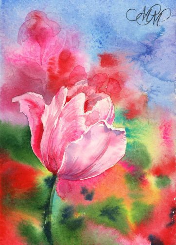 Print "Pink tulip". Watercolor sketch of beautiful pink tulips