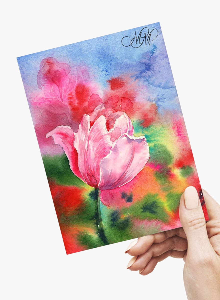 Print Pink tulip watercolor sketch postcard