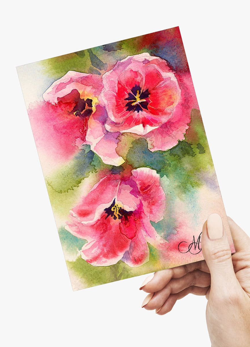 Postcard "Pink tulips". Watercolor sketch of beautiful pink tulips