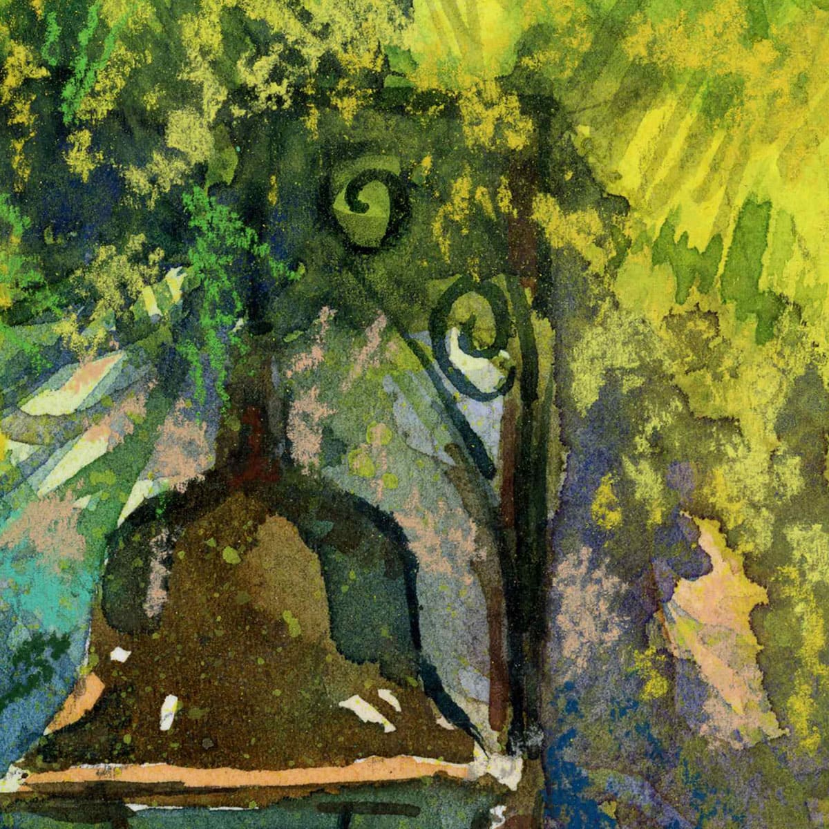 Lantern and blooming mimosa in Crero. Drawing, watercolor pencils. Fragment