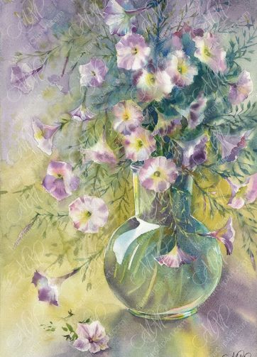 Print Petunia flowers watercolor still life