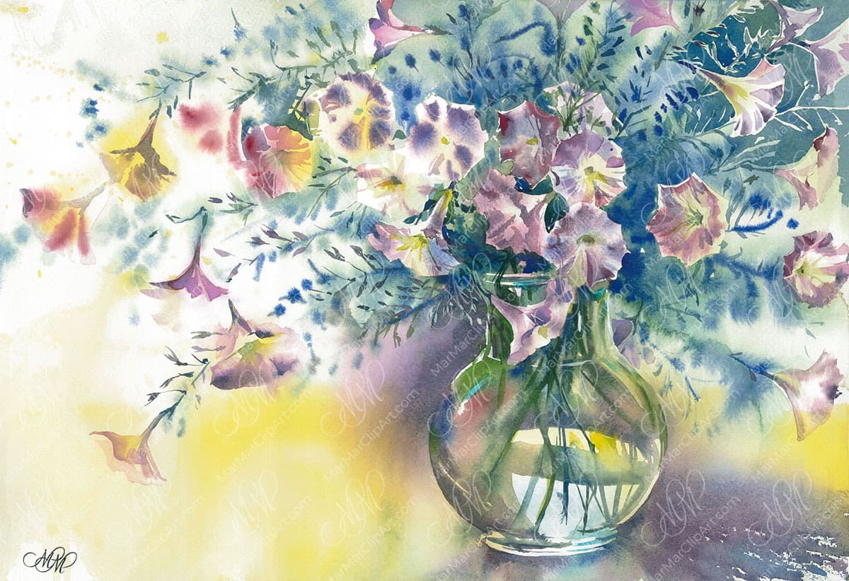 Print Petunia flowers in a vase watercolor painting
