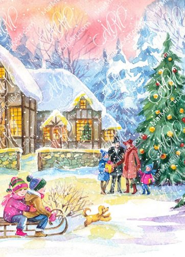 Christmas time: snow-covered village with a Christmas tree, children sledding, people walking. Watercolor illustration