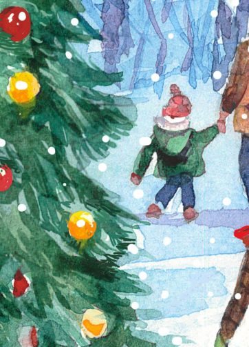 Christmas time: snow-covered village with a Christmas tree. Fragment of Watercolor illustration