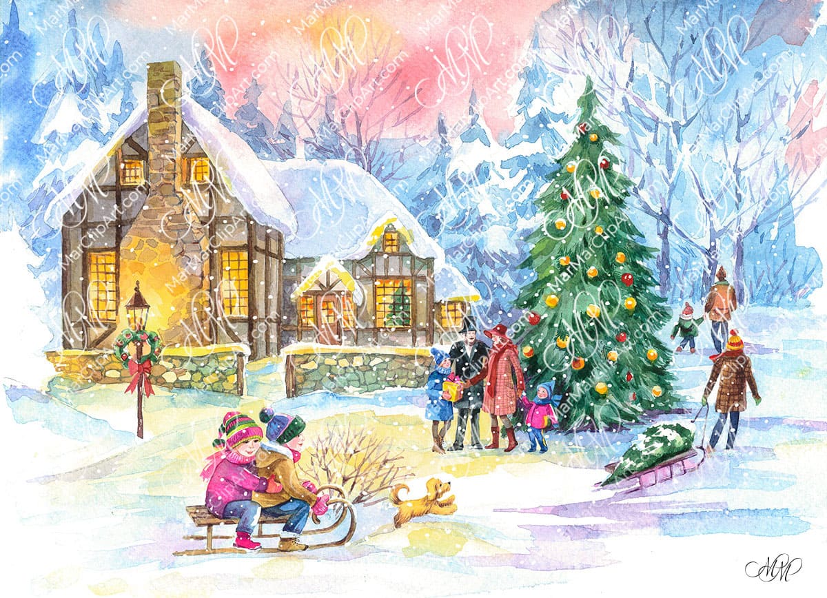 Christmas time: snow-covered village with a Christmas tree, children sledding, people walking. Watercolor illustration