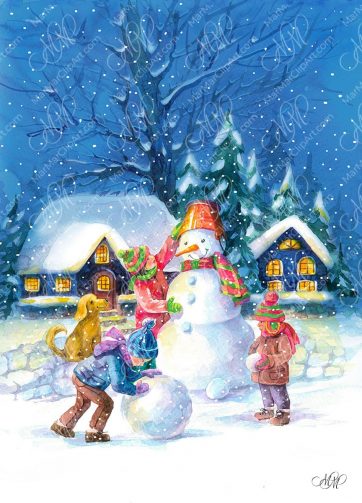 Christmas night: children make a snowman in a snowy village. Watercolor Christmas illustration