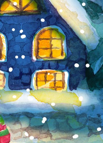 Christmas night: children make a snowman in a snowy village. Fragment of Watercolor Christmas illustration