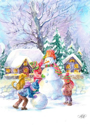 Christmas scene: children make a snowman in a snowy village.Watercolor illustartion