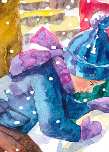 Christmas scene: children make a snowman in a snowy village. Fragment of watercolor illustartion