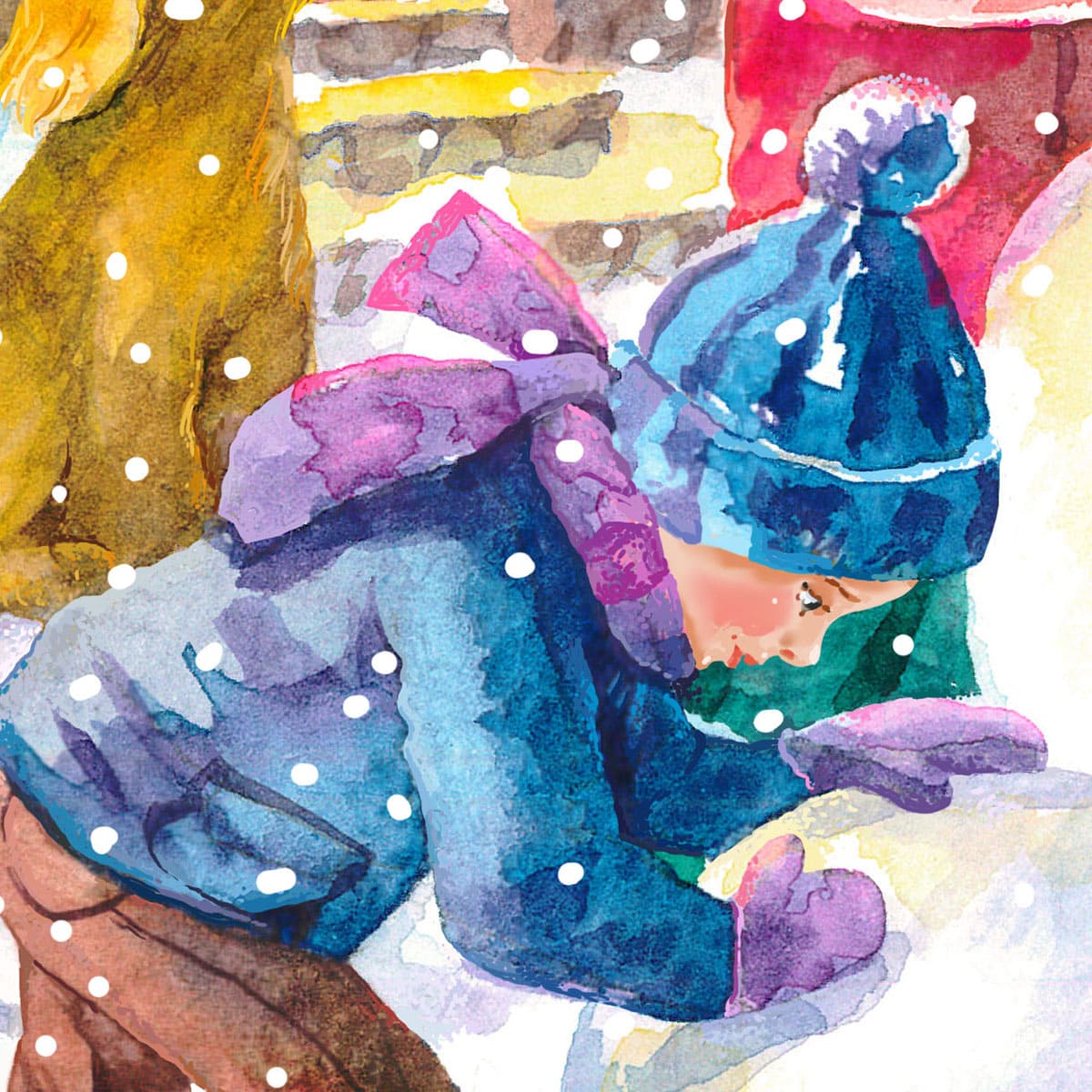 Christmas scene: children make a snowman in a snowy village. Fragment of watercolor illustartion