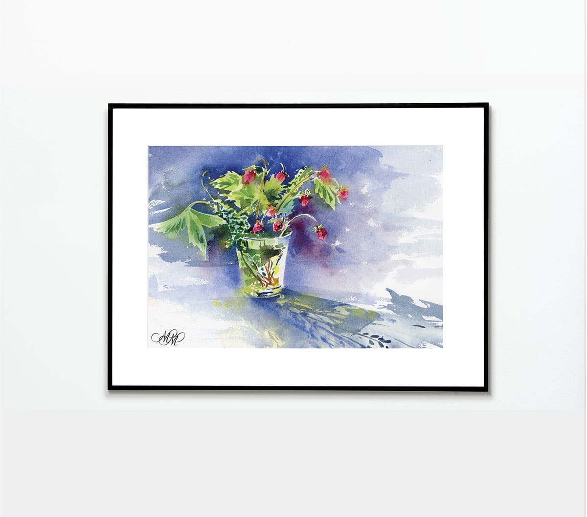 Wild strawberries. Watercolor sketch in frame for home decor