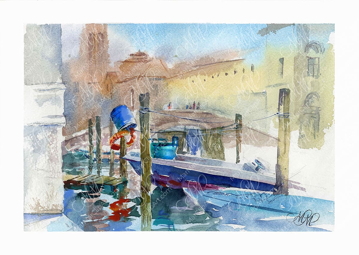 Fishing boats in Chioggia. Watercolor sketch