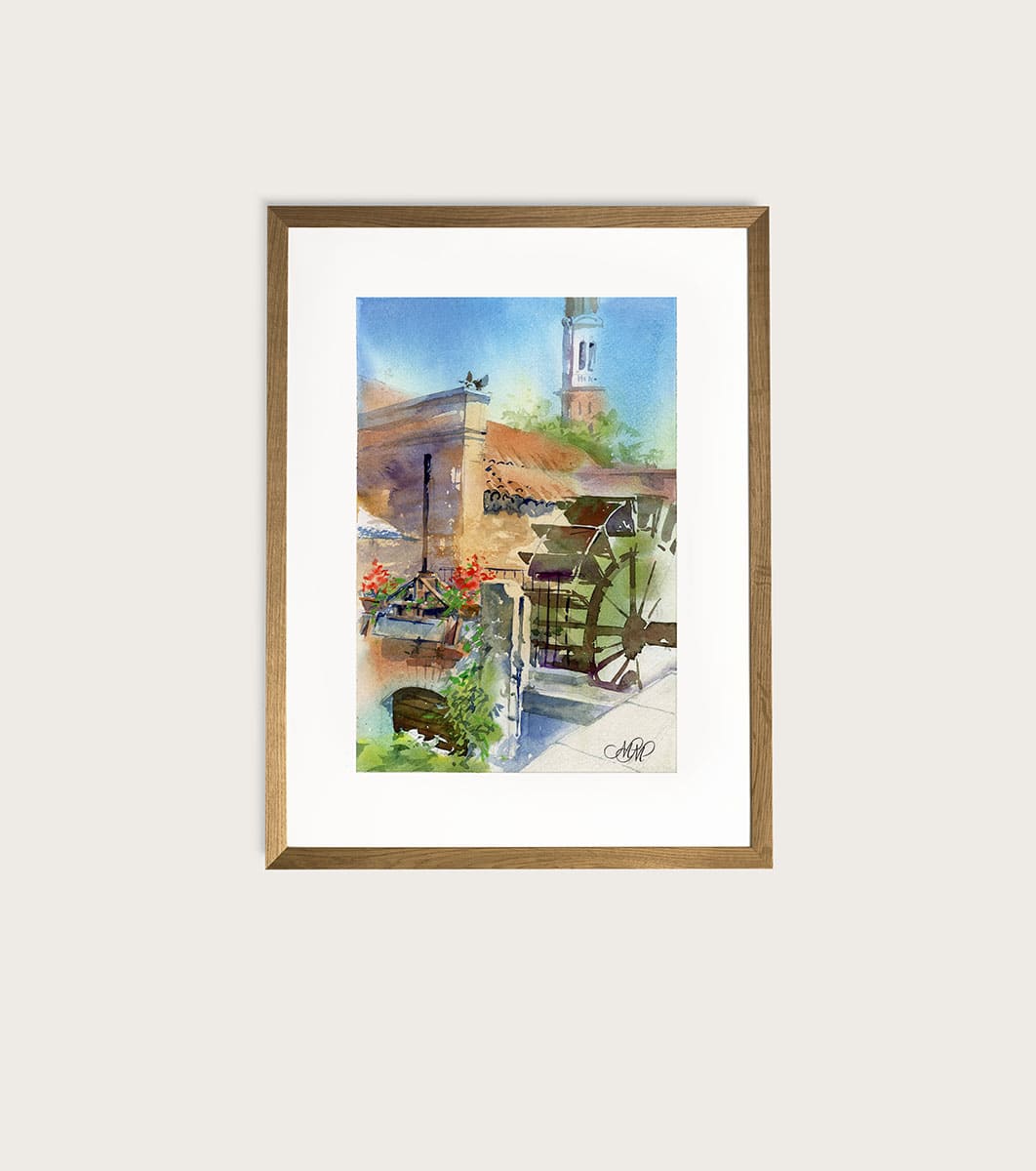 Old mill in Dolo. Framed Watercolor sketch