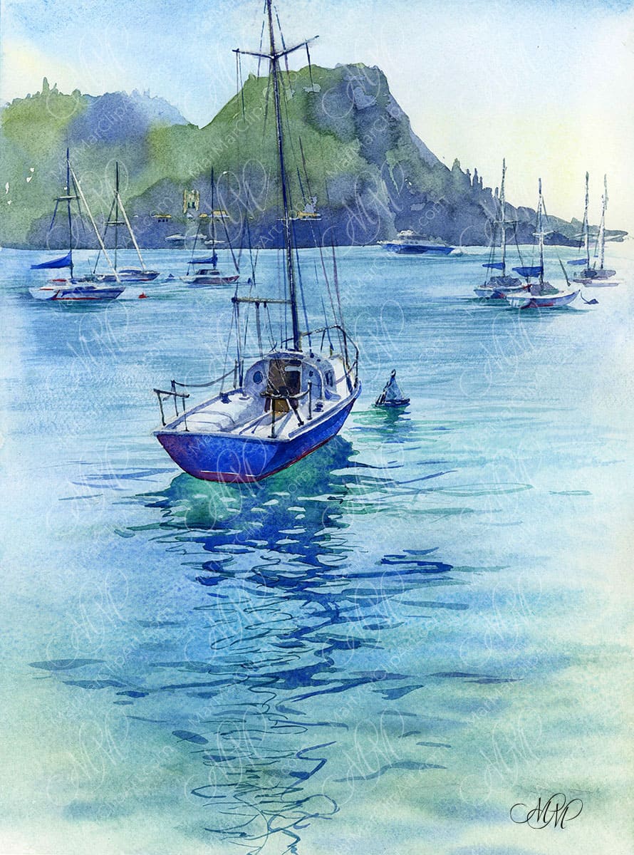 Boats on Lake Garda. Watercolor painting