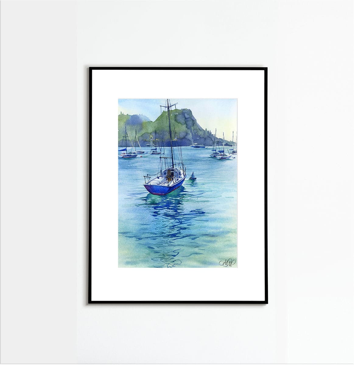 Boats on Lake Garda. Framed watercolor painting