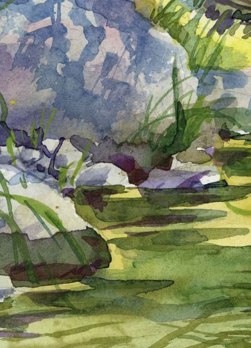 Mountain stream in Valle delle Cartiere fragment of watercolor sketch