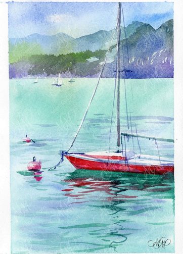 Lake Garda. Red boat. Watercolor painting