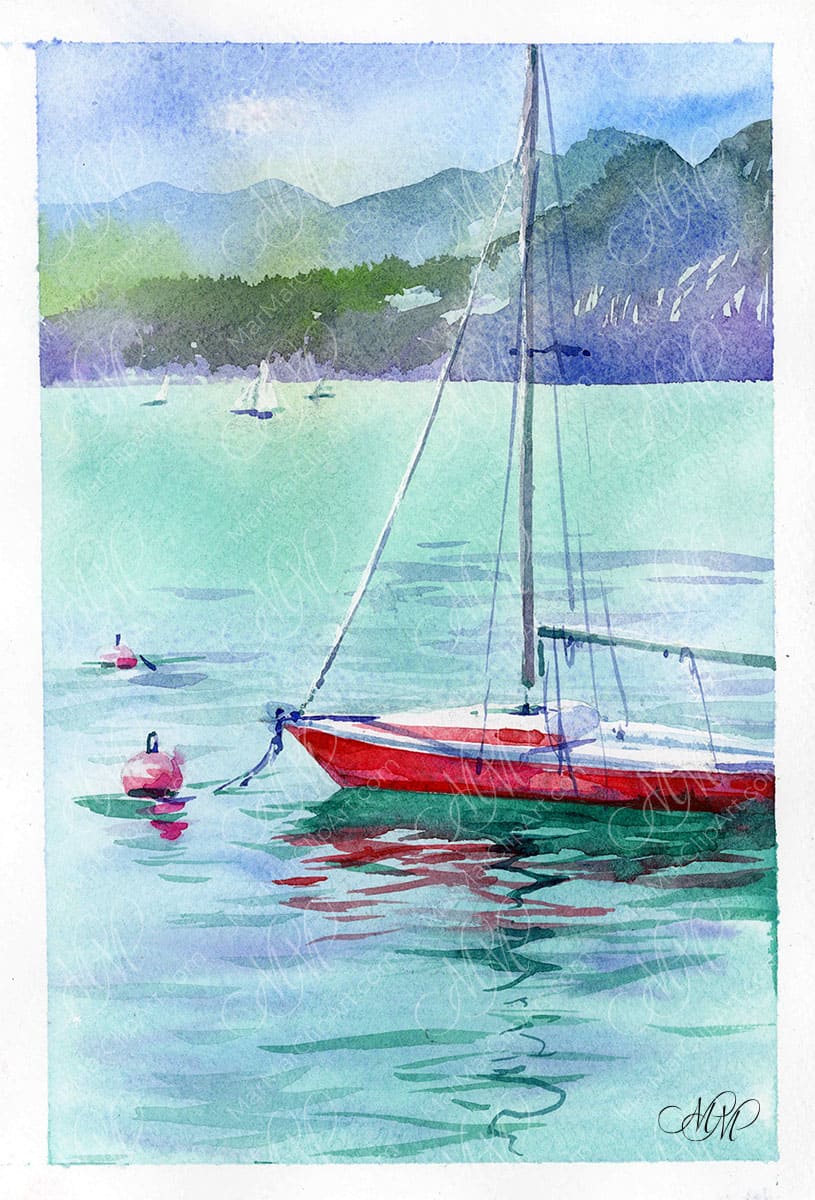 Lake Garda. Red boat. Watercolor painting
